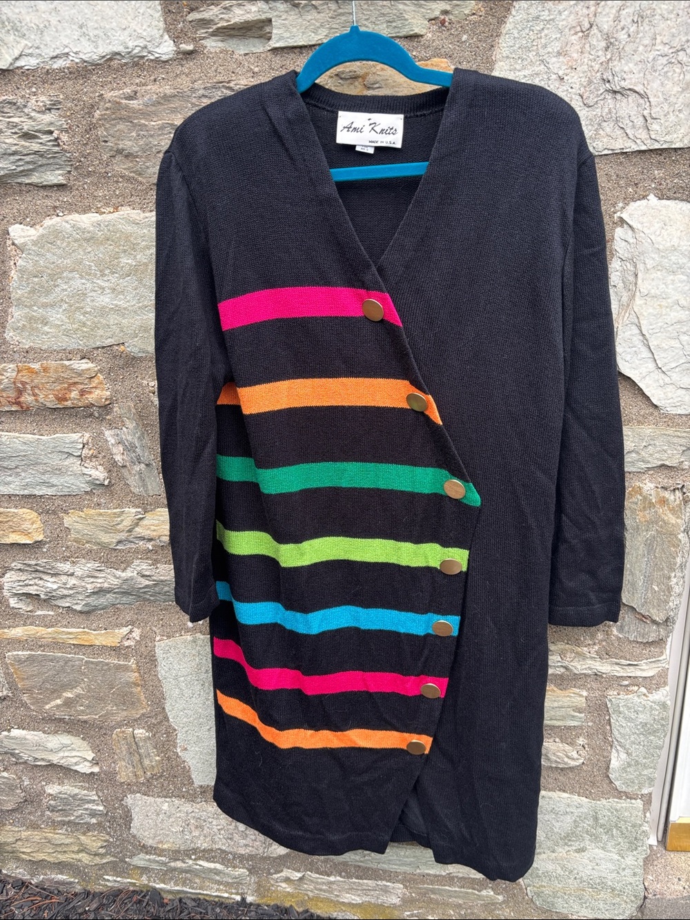Ami Knits Black Dress with Bright Stripes
